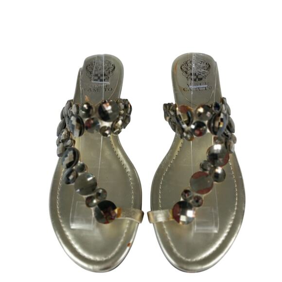 VINCE CAMUTO! GOLDEN GRECIAN STYLE FACETED JEWEL TOE STRAP HEELS, SANDALS! SZ 7B - Picture 4 of 10